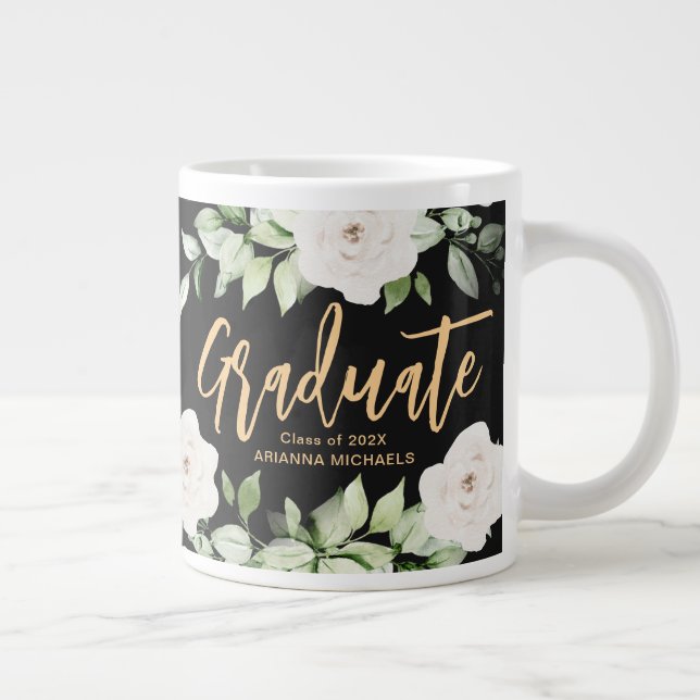 Pretty Floral Graduate Script Two Sided Black Giant Coffee Mug (Right)