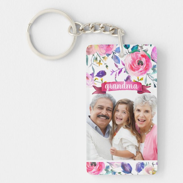 Pretty Floral Grandma Photo Keychain (Front)