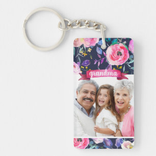 Pretty Floral Grandma Photo Keychain