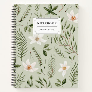 Pretty Floral Green Gold White Botanical Pattern Notebook