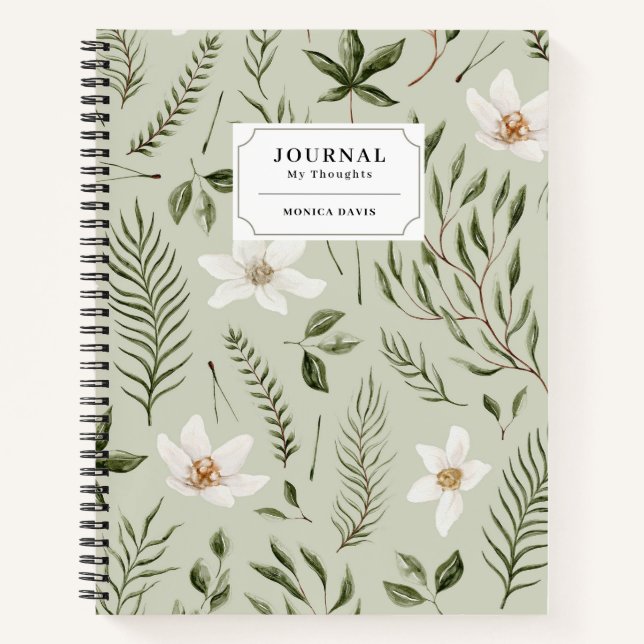 Pretty Floral Green Gold White Pattern Journal (Front)