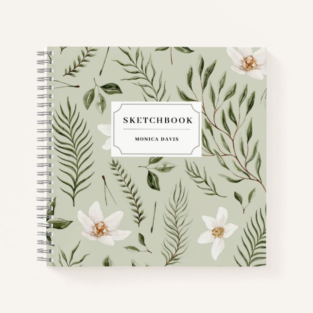 Pretty Floral Green Gold White Pattern Sketchbook Notebook (Front)