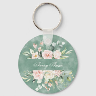 Pretty Floral Green Watercolor Vintage Rustic Keychain