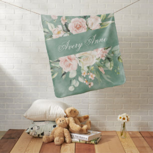 Pretty Floral Green Watercolor Vintage Rustic Name Baby Blanket