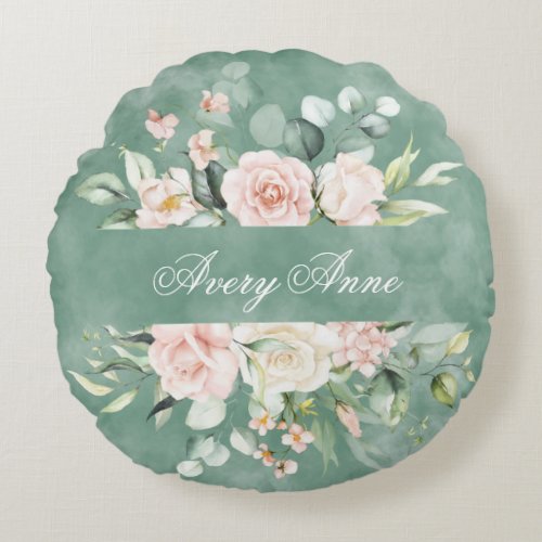 Pretty Floral Green Watercolor Vintage Rustic Name Round Pillow