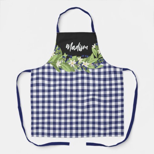 Pretty Floral Greenery Blue Gingham Pattern Name Apron