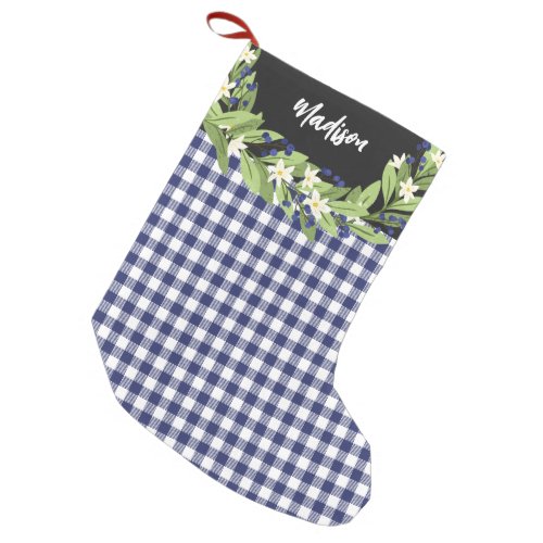 Pretty Floral Greenery Blue Gingham Pattern Name Small Christmas Stocking