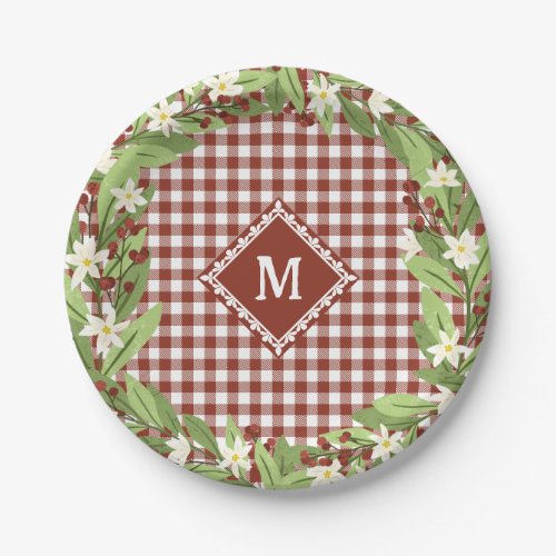 Pretty Floral Greenery Red Gingham Monogram Paper Plates