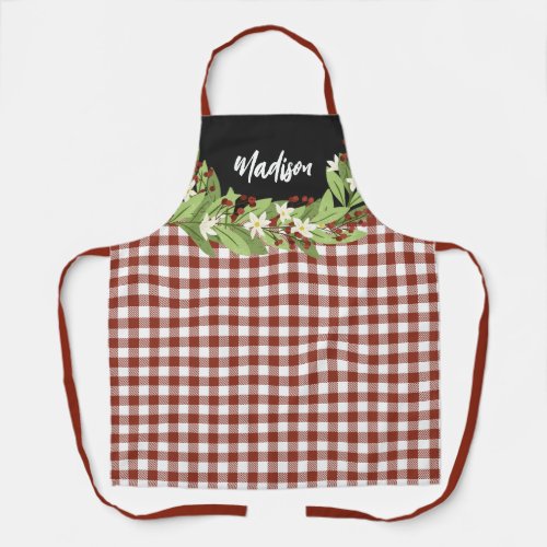 Pretty Floral Greenery Red Gingham Pattern Name Apron