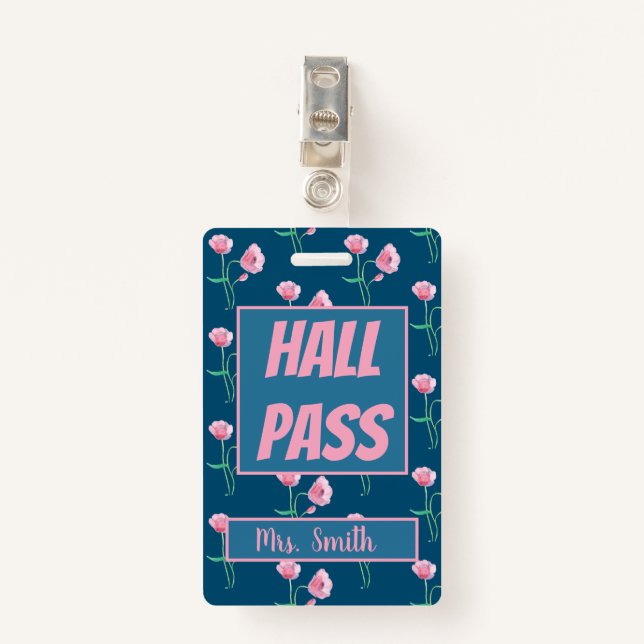 Pretty Floral Hall Pass with Name Badge (Front with Clip)