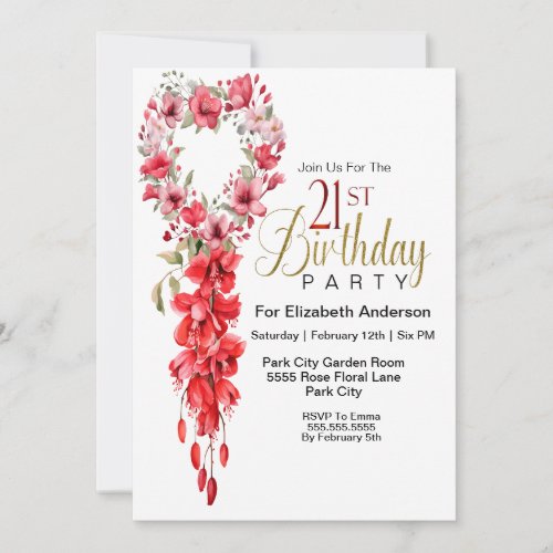 Pretty Floral Heart 21st Birthday Invitation