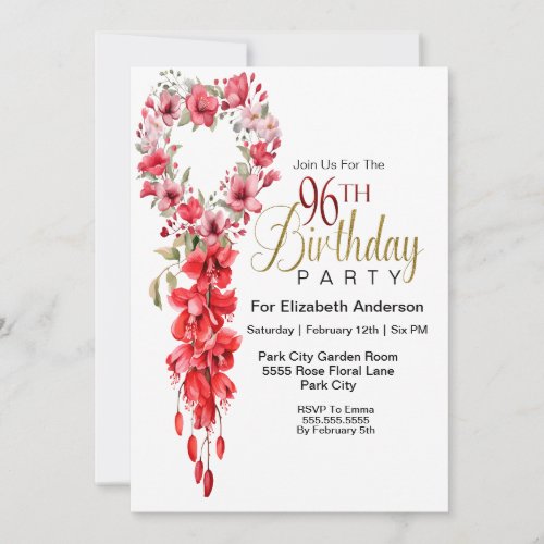 Pretty Floral Heart 96th Birthday Invitation