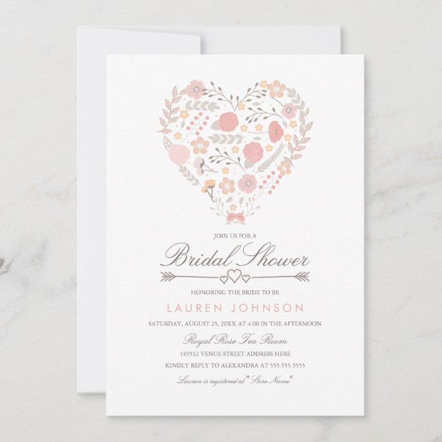 Pretty Floral Heart Bridal Shower Invitation (Front)