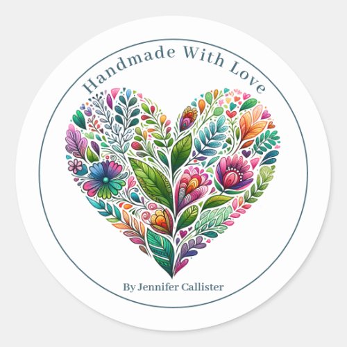 Pretty Floral Heart Handmade With Love Marketing Classic Round Sticker
