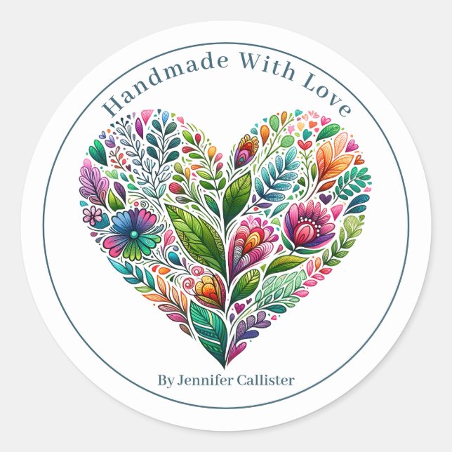 Pretty Floral Heart "Handmade With Love" Marketing Classic Round Sticker (Front)