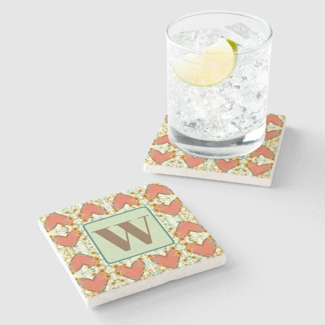 Pretty Floral Heart Pattern Custom Initial  Stone Coaster (Side)