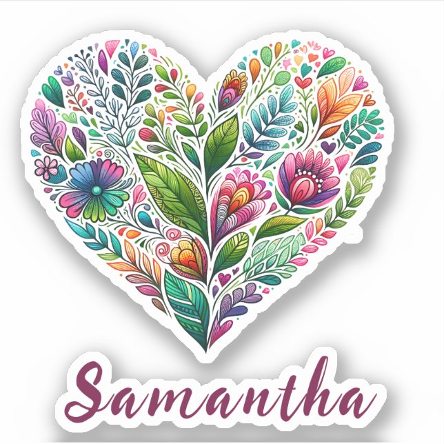 Pretty Floral Heart With Name Vinyl Sticker (Front)