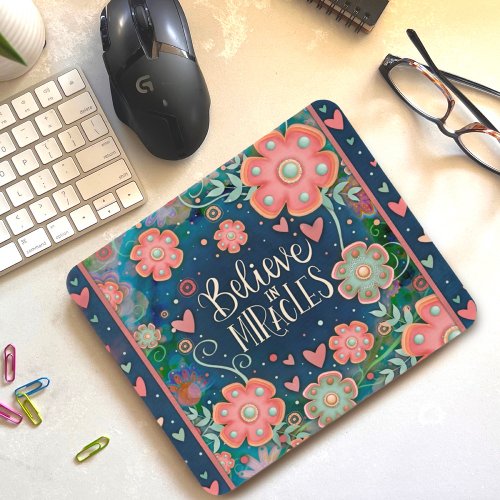 Pretty Floral Hearts Miracles Pink Blue Mouse Pad