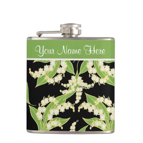 Pretty Floral Hip Flask Lily of the Valley Black Flask