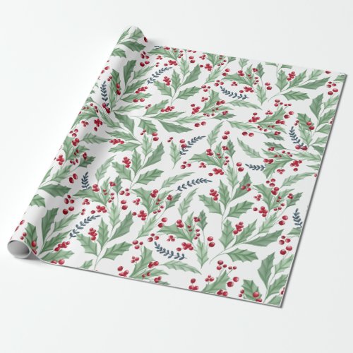 Pretty floral holly berries watercolor pattern wrapping paper