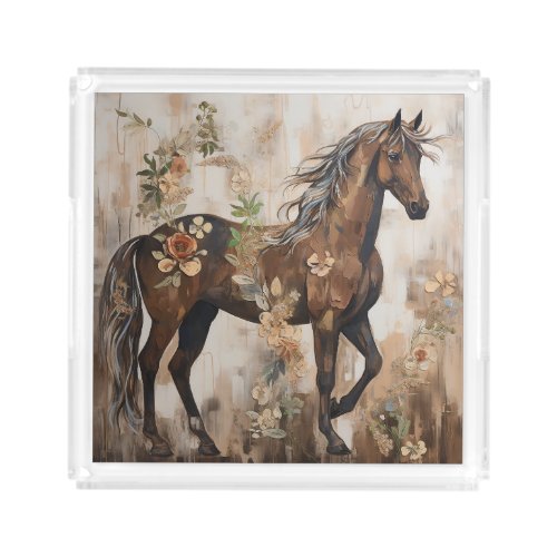 Pretty Floral Horse Painting Acrylic Tray