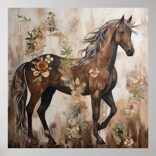 Pretty Floral Horse Painting Poster