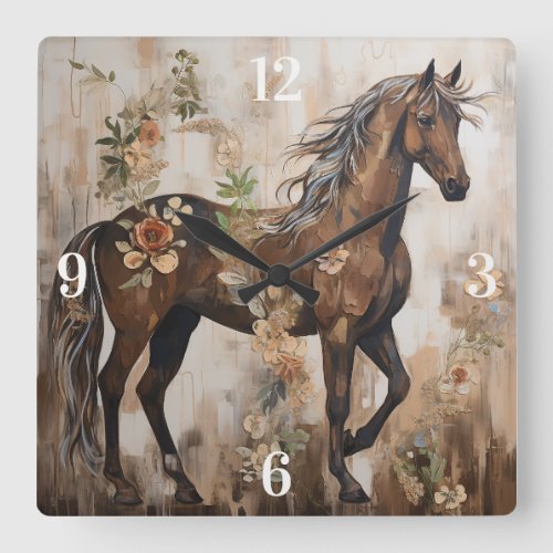 Pretty Floral Horse Painting Square Wall Clock