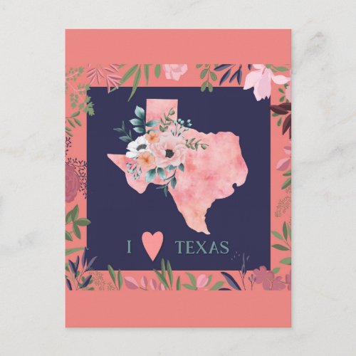 Pretty Floral I Love Texas State Map Postcard