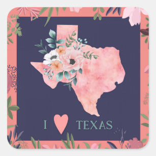 Pretty Floral I Love Texas State Map Square Sticker
