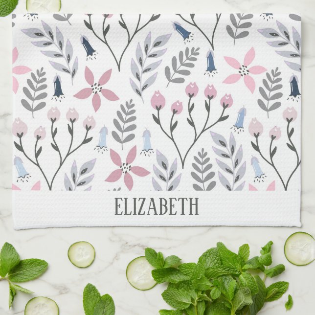 Pretty floral illustration falling botanical kitchen towel (Folded)