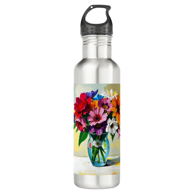 Pretty Floral Impasto Art Stainless Steel Water Bottle (Front)