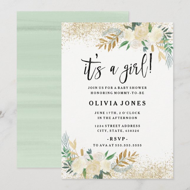 Pretty Floral Its a Girl Baby Shower Invitation (Front/Back)