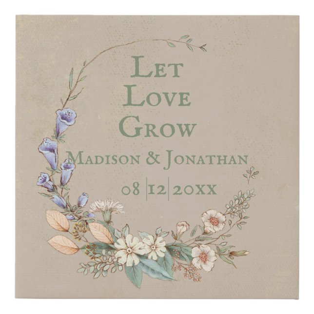 Pretty Floral Let Love Grow Wedding Stats Name Faux Canvas Print (Front)