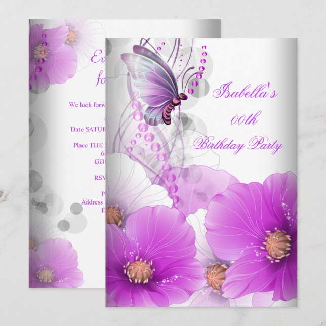 Pretty Floral Lilac Butterfly Birthday Party SML Invitation (Front/Back)