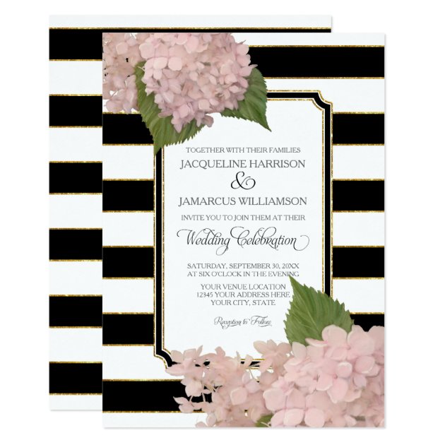 Pretty Floral Modern Elegant Black White Stripe Invitation