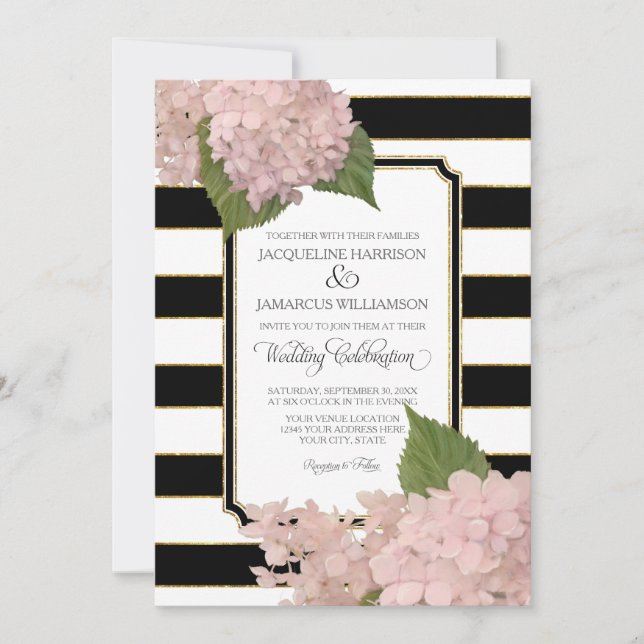 Pretty Floral Modern Elegant Black White Stripe Invitation (Front)