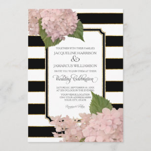 Pretty Floral Modern Elegant Black White Stripe Invitation