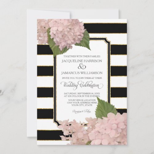 Pretty Floral Modern Elegant Black White Stripe Invitation