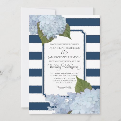 Pretty Floral Modern Elegant Navy White Stripe Invitation