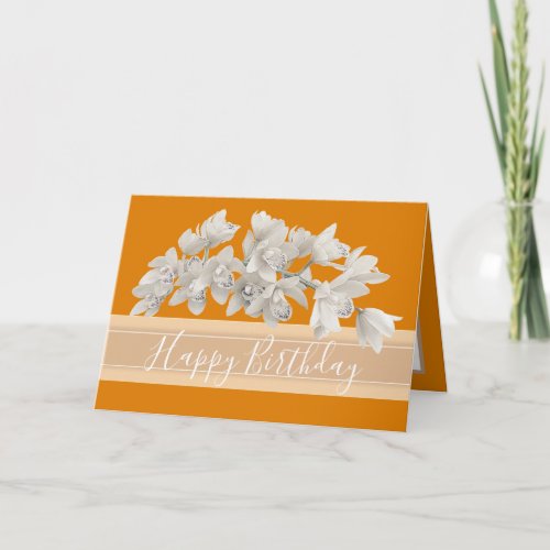 Pretty Floral Modern Orchid Flower Orange Birthday Card