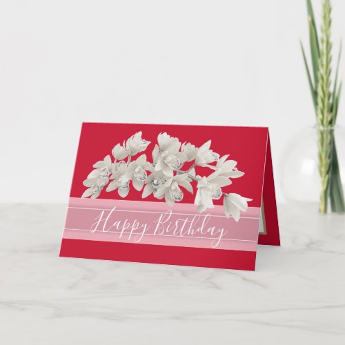 Pretty Floral Modern Orchid Flower Red Birthday Card