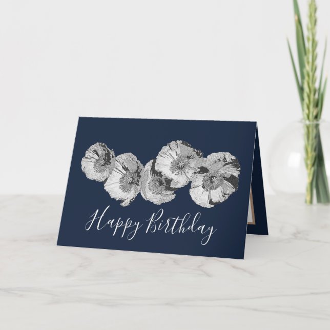 Pretty Floral Modern Poppy Flower Navy Birthday Card (Front)