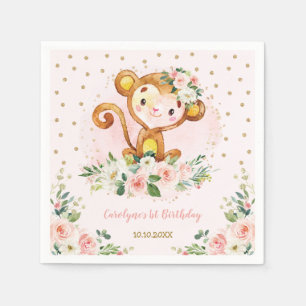 Pretty Floral Monkey Baby Shower Wild One Birthday Napkins