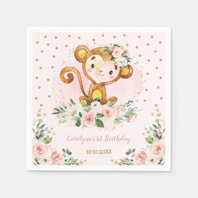 Pretty Floral Monkey Baby Shower Wild One Birthday Napkins (Front)