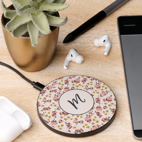 Pretty Floral Monogram Add Your Initial Blush Pink Wireless Charger