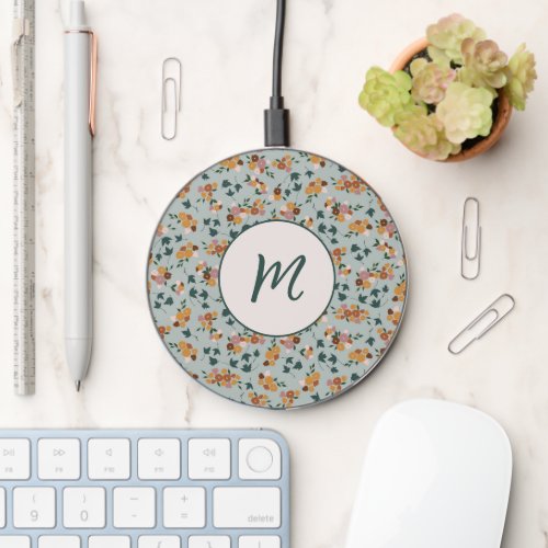 Pretty Floral Monogram Add Your Initial Light Blue Wireless Charger