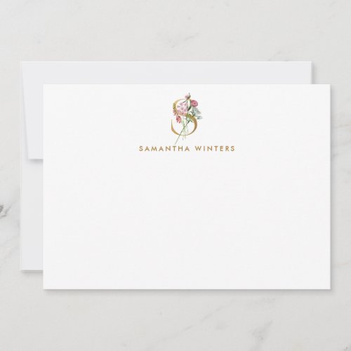 Pretty Floral Monogram Gold Letter S Note Card