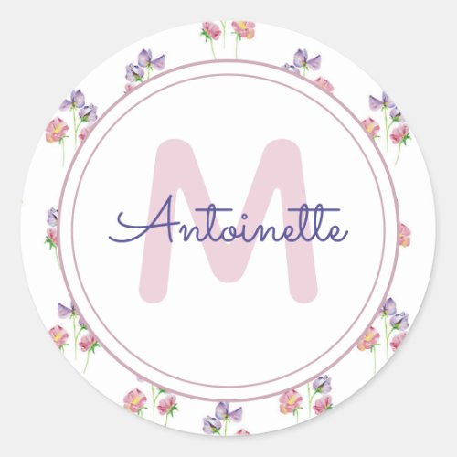 Pretty Floral Monogram Pink Lavender Custom Name Classic Round Sticker
