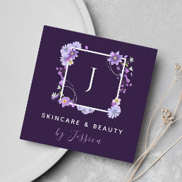 Pretty Floral Monogram Pink Purple Beauty Skincare Square Business Card