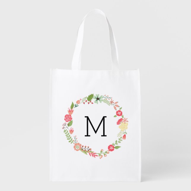 Pretty Floral Monogram Reusable Grocery Bag (Front)